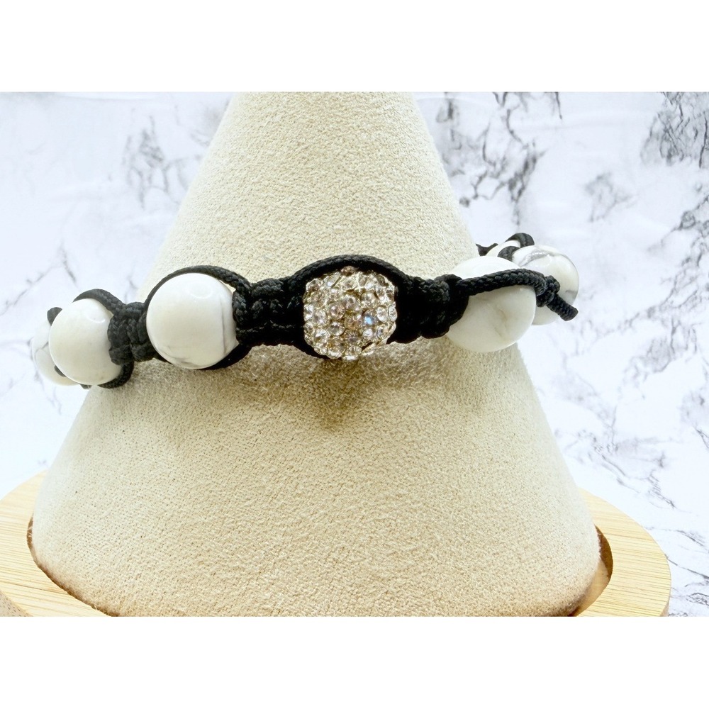 Boho Macrame Bracelet White Veined‎ Natural Stone Beads Pave Accents 7–10"